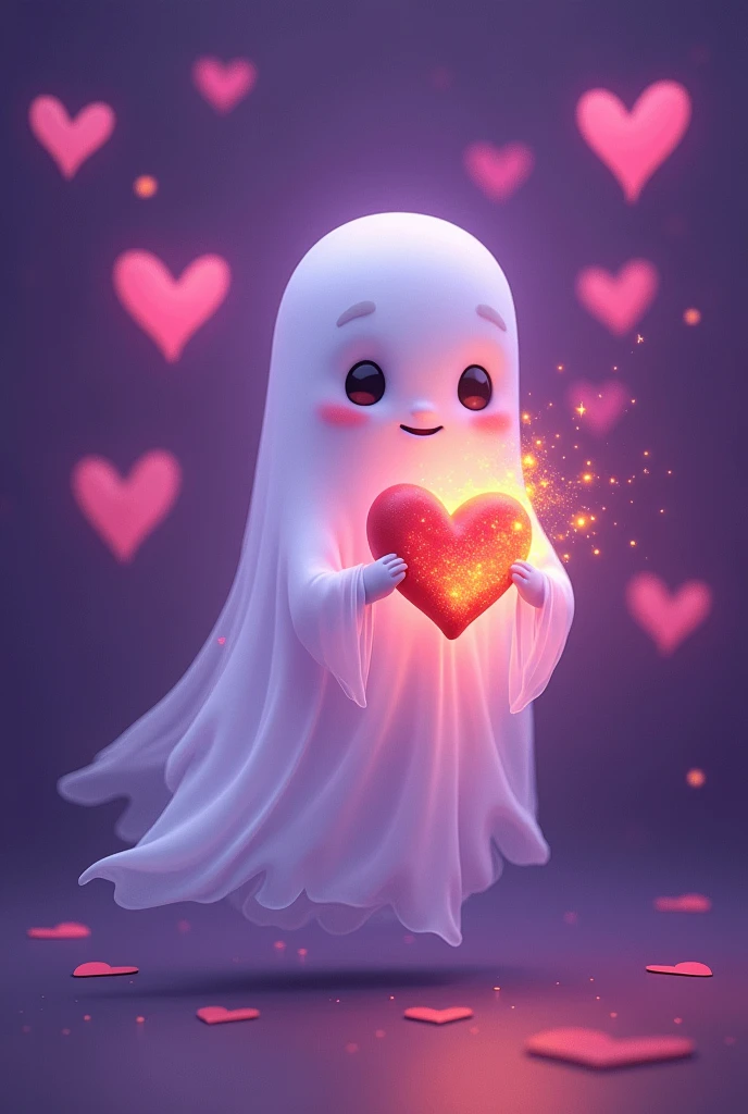 
tender animated ghost with a burning heart in his hand with a background of shiny purple hearts