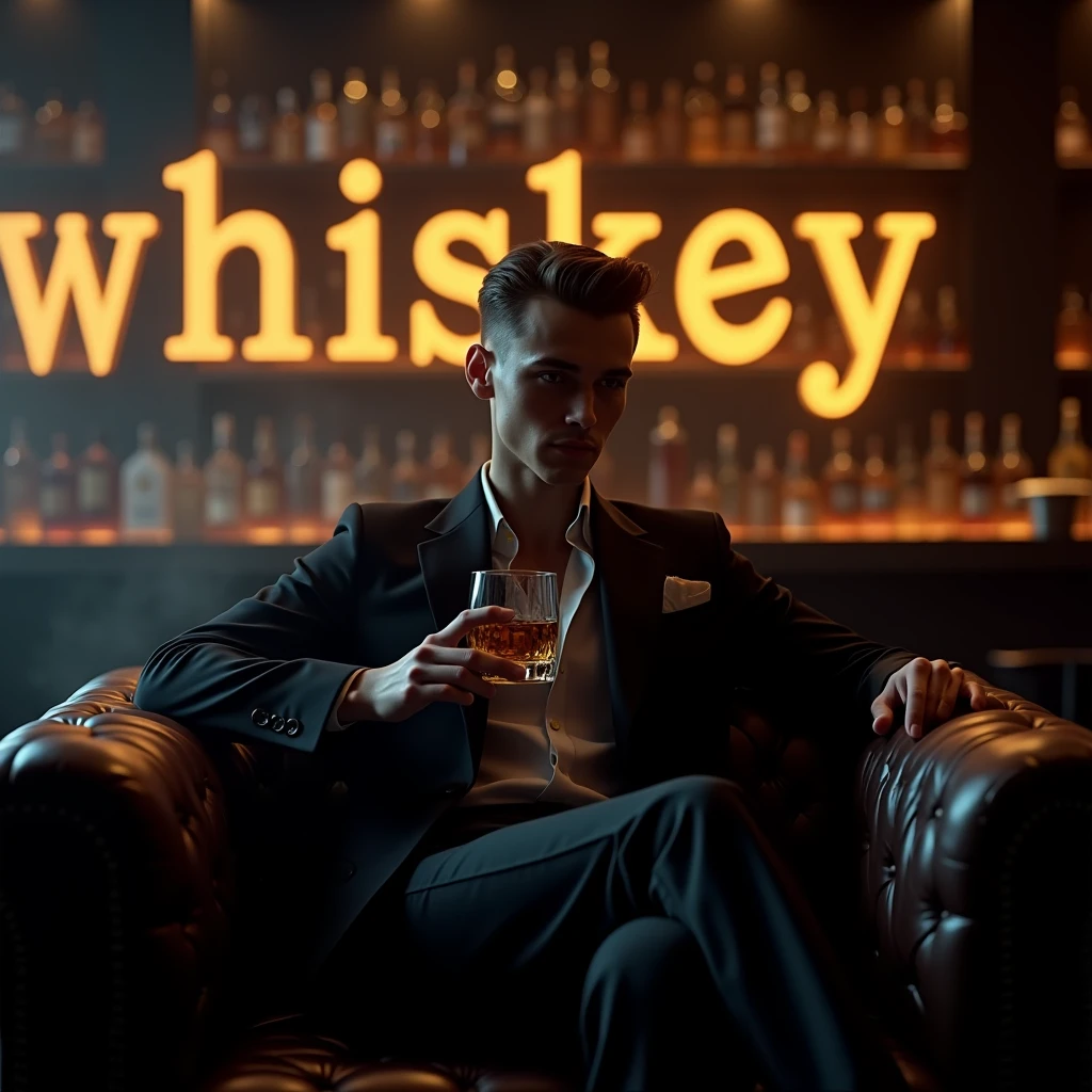 Create a realistic image where a 20 years old boy wearing black luxury suit and sitting on soFa, he's holding a whiskey glass 🥂 in his hand, there is smoke in background and a bar full of whisky . In background the name "whiskey" is showing in bold and glowing effects and golden type and also it's melting 
