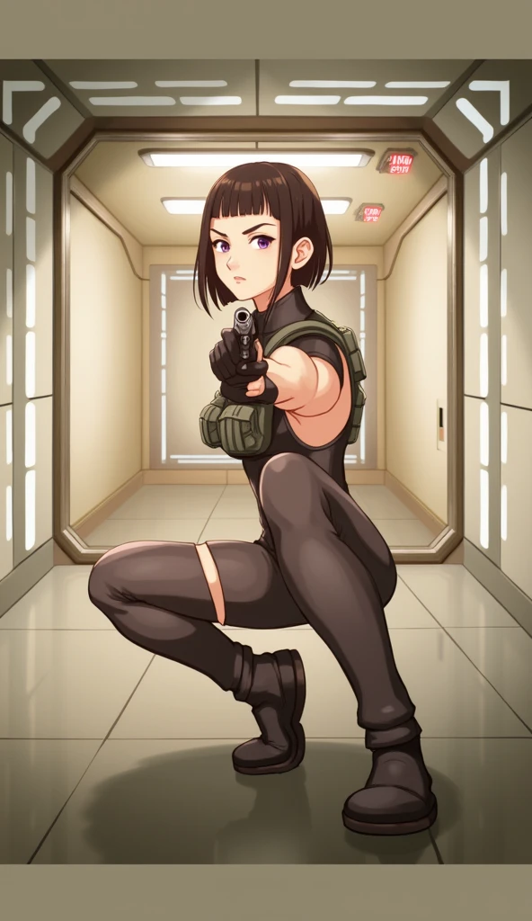 Image is a high-resolution, full-body portrait in a vertical layout, featuring a Skandinavien woman with a determined expression. She has a fair skin tone, short black hair with bangs, and is wearing a form-fitting black tactical suit. The suit includes a black vest with multiple pockets and black gloves. She is kneeling on one knee in a brightly lit corridor with a reflective floor, pointing a handgun directly at the camera. The background shows a modern, industrial hallway with fluorescent lighting and red emergency lights on the walls, creating a dramatic and intense atmosphere.