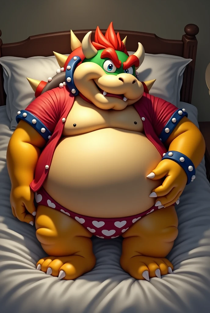 Bowser from Super Mario, Extremely obese, chubby, embarrassed, huge round belly, big moobs, heart underpants, red tight short sleeves t-shirt, laying on a bed, one hand on the belly