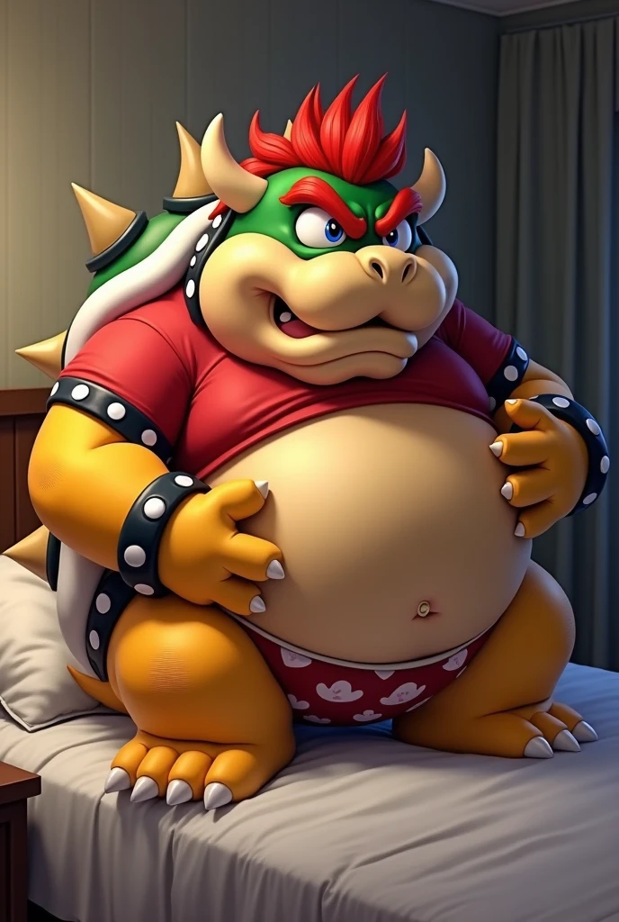 Bowser from Super Mario, Extremely obese, chubby, embarrassed, huge round belly, big moobs, heart underpants, red tight short sleeves t-shirt, laying on a bed, one hand on the belly