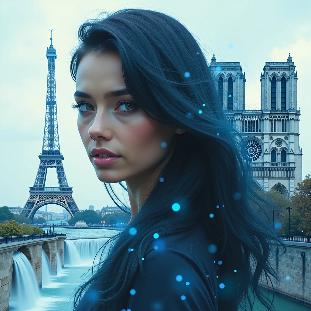paysage hyer réaliste, double exposition, superositions, incrustations, cascades magiques, tour Eiffel, notre dame de paris, portrait de femme aux cheveux longs noirs reflets bleus
