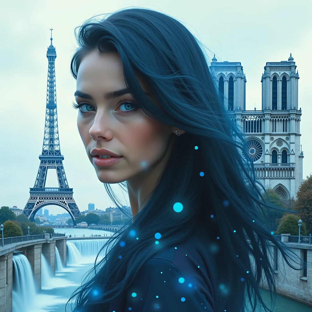 paysage hyer réaliste, double exposition, superositions, incrustations, cascades magiques, tour Eiffel, notre dame de paris, portrait de femme aux cheveux longs noirs reflets bleus