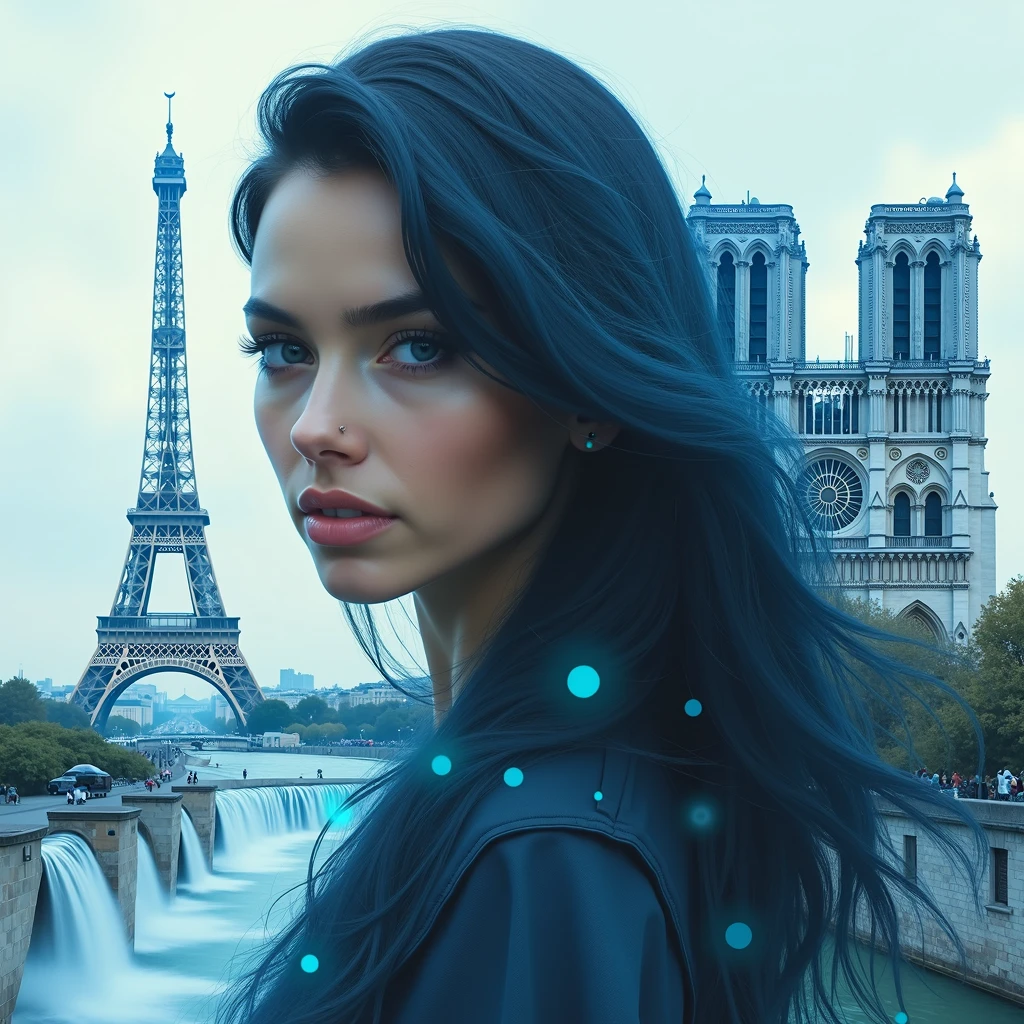 paysage hyer réaliste, double exposition, superositions, incrustations, cascades magiques, tour Eiffel, notre dame de paris, portrait de femme aux cheveux longs noirs reflets bleus