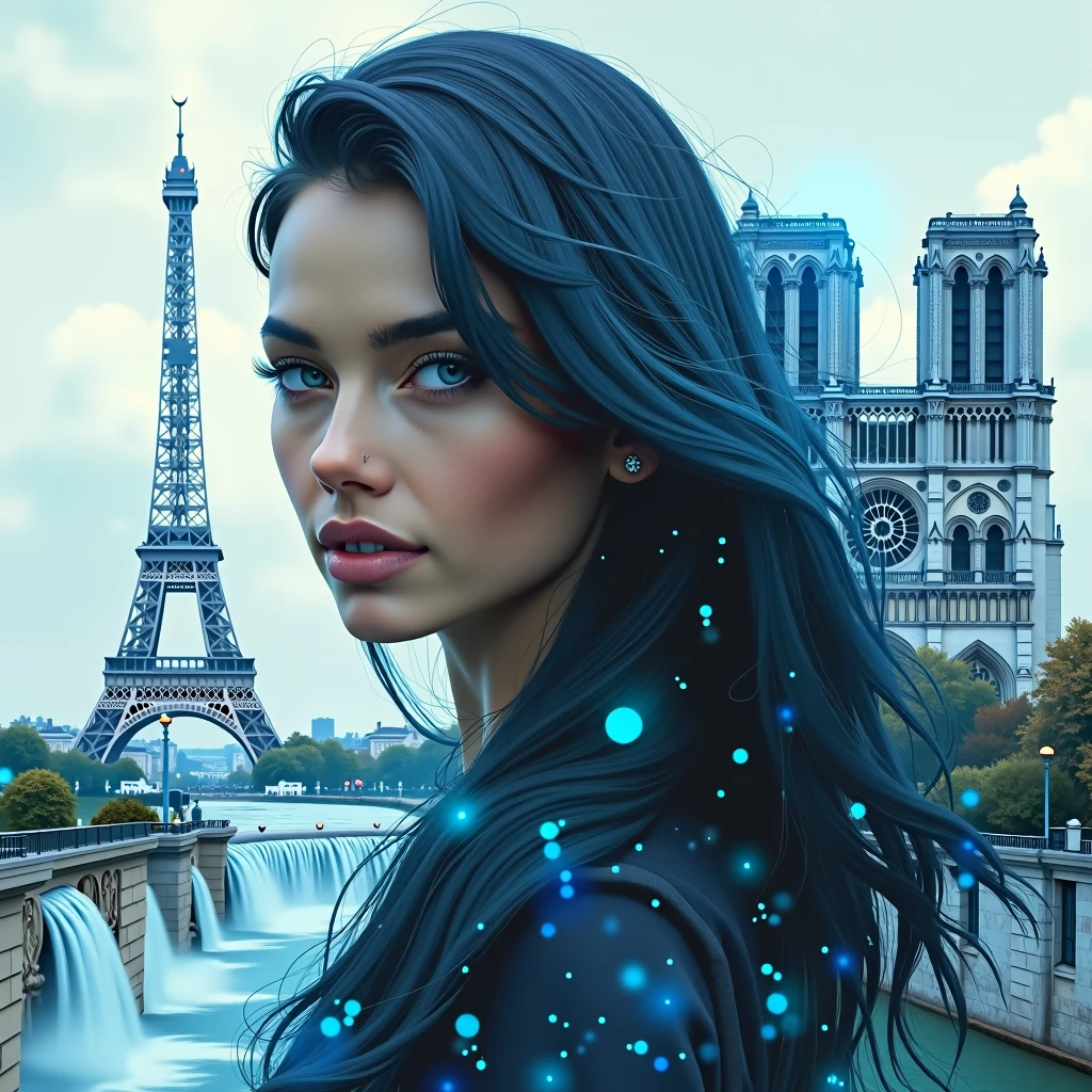 paysage hyer réaliste, double exposition, superositions, incrustations, cascades magiques, tour Eiffel, notre dame de paris, portrait de femme aux cheveux longs noirs reflets bleus