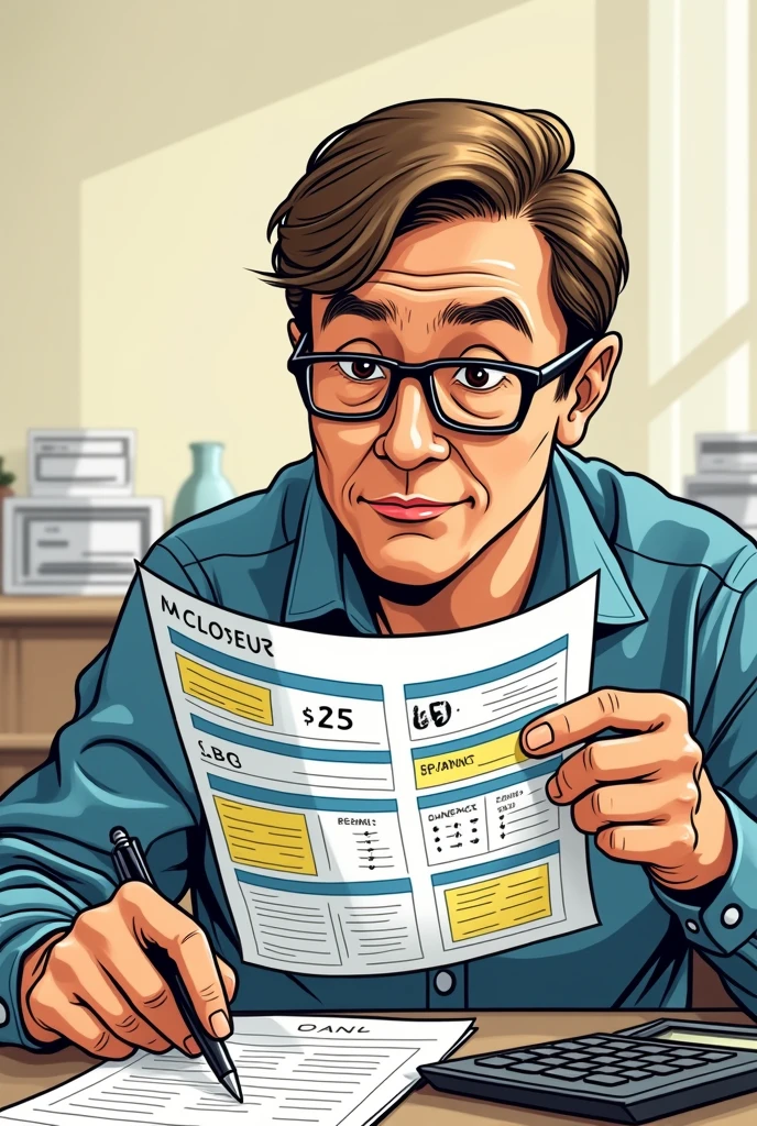 an image of a person carefully reviewing a bank statement, with graphics or highlighted numbers, and a calculator next to it.(that the drawing style is comic-like)