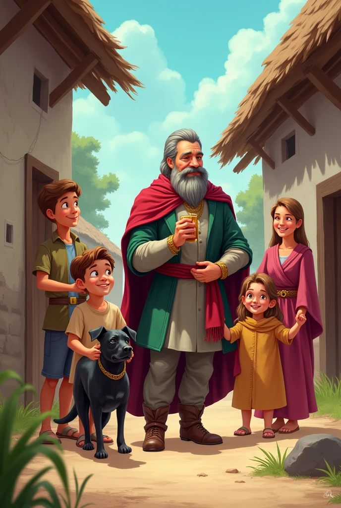 THE LORD ARRIVES At a very poor and humble house, WITH HER SMALL BLACK DOG, His wife comes out to meet him., their 4 children, Two boys aged 14 and 10 and two twin girls aged 4 , They are carrying the little dog very happily in cartoons