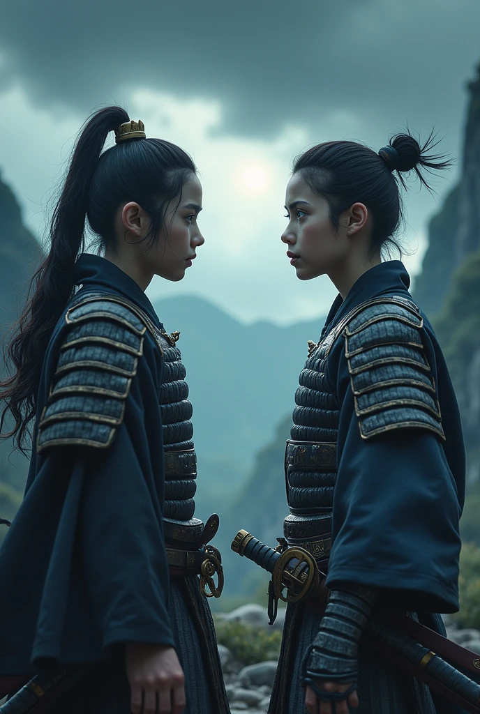 Make 2 young men who are samurai, one who controls the darkness and the other the light.