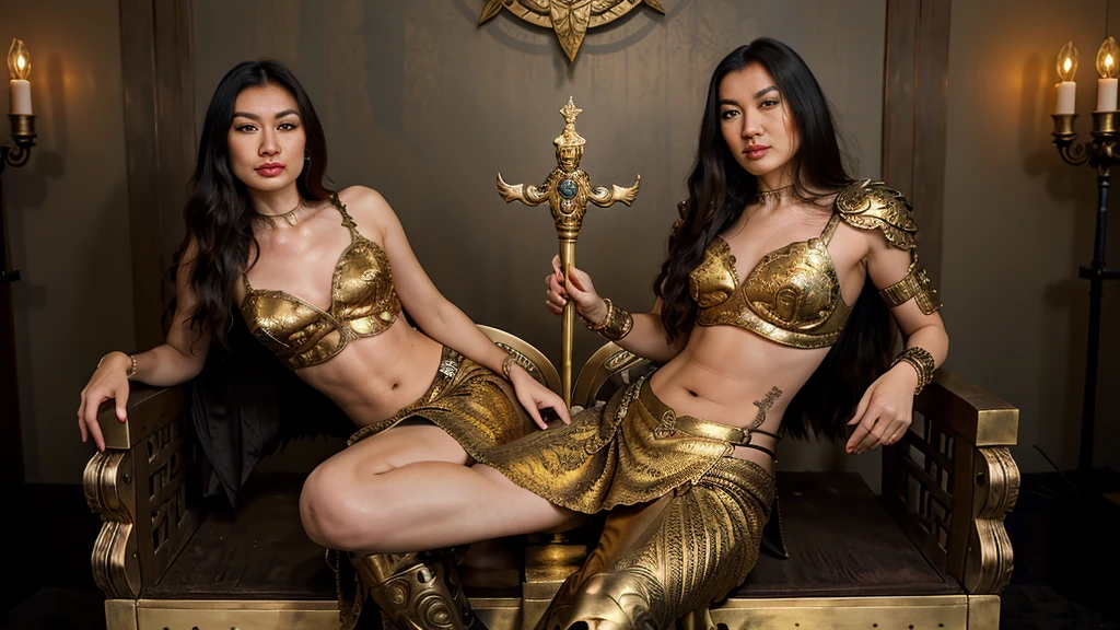 beautiful muscular antique greek spartan warrior asian girl, detailed face with piercing eyes, flowing dark hair, wearing ornate spartan helmet with ornate gold and bronze details, wearing detailed spartan battle armor with intricate gold and bronze designs, holding a golden sword, looking at viewer sitting in a golden throne, dramatic lighting, ((sitting on the golden throne)), cinematic angle, highly detailed, photorealistic, 8k, masterpiece