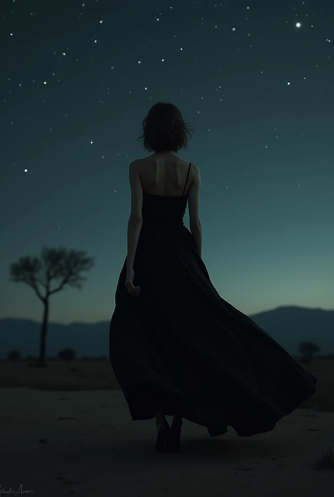 ((best qualityer)), ((work of art)), (detailded), 1 girl in long black dress and high heels at night, In Africa