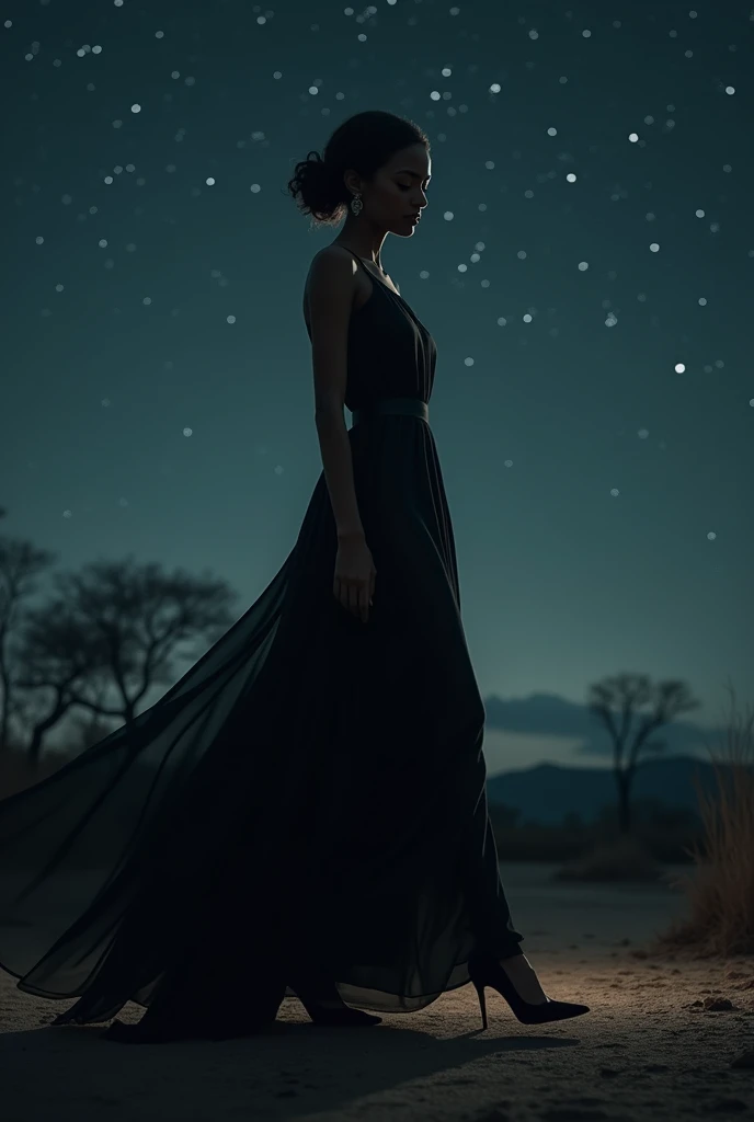 ((best qualityer)), ((work of art)), (detailded), 1 girl in long black dress and high heels at night, In Africa