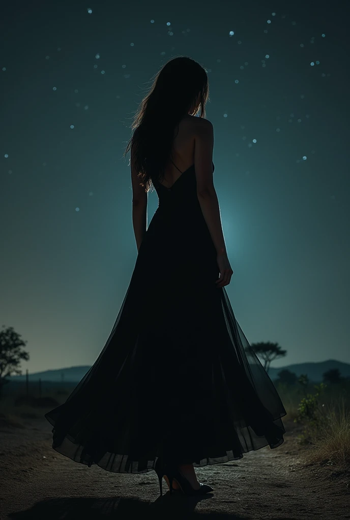 ((best qualityer)), ((work of art)), (detailded), 1 girl in long black dress and high heels at night, In Africa