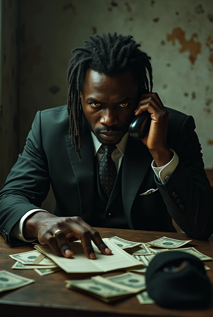 A black banker with yellow eyes, locks and gold teeth working on the phone in a dilapidated house with wads of cash and a balaclava