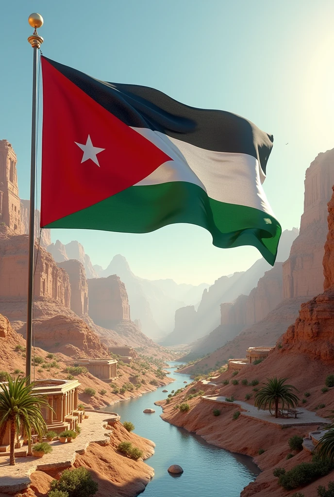 Real picture of the Hashemite Kingdom of Jordan and its flag, real 3D image