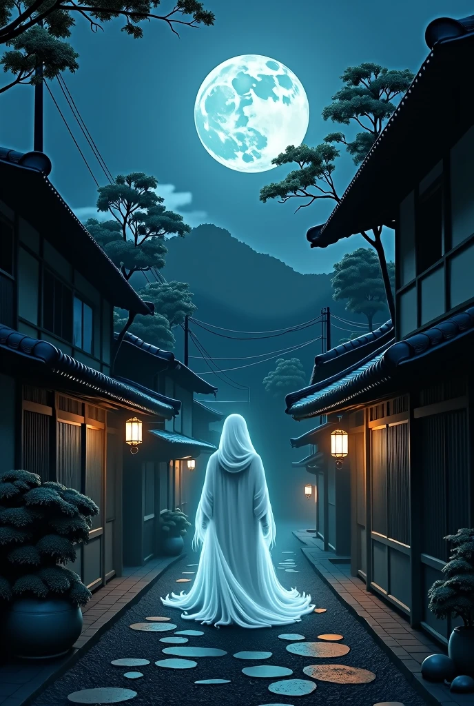 Quiet Japanese village night　full moon　mysterious　Fantasy　Light and shadow　Apparition