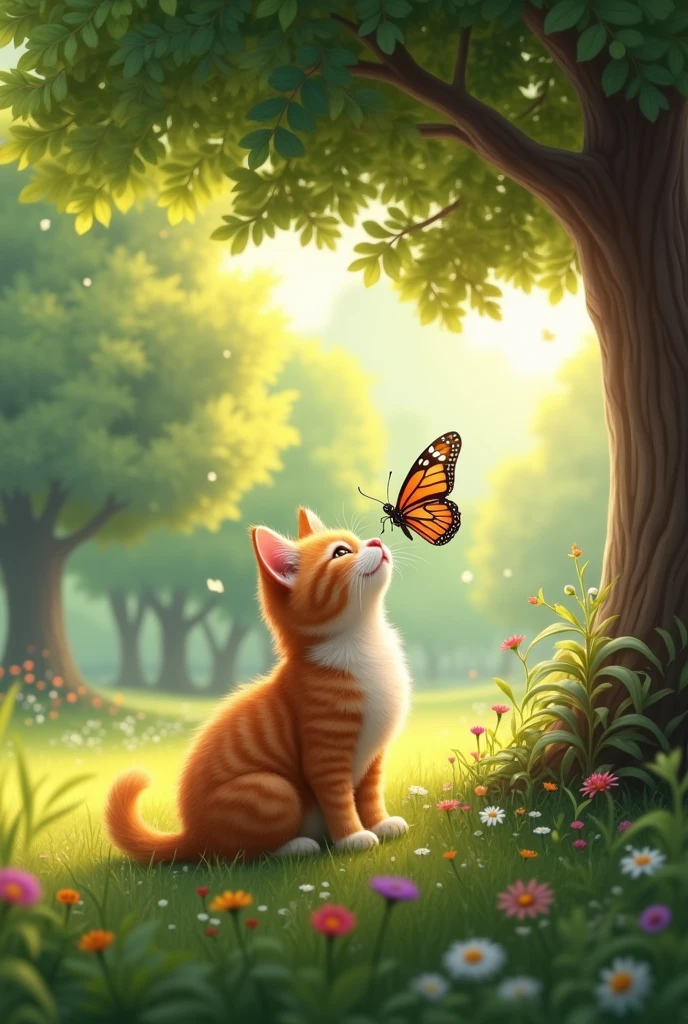  In a beautiful park there is a cute cat sitting relaxing under a tree. A butterfly comes and lands on its nose and the cat is very happy. 