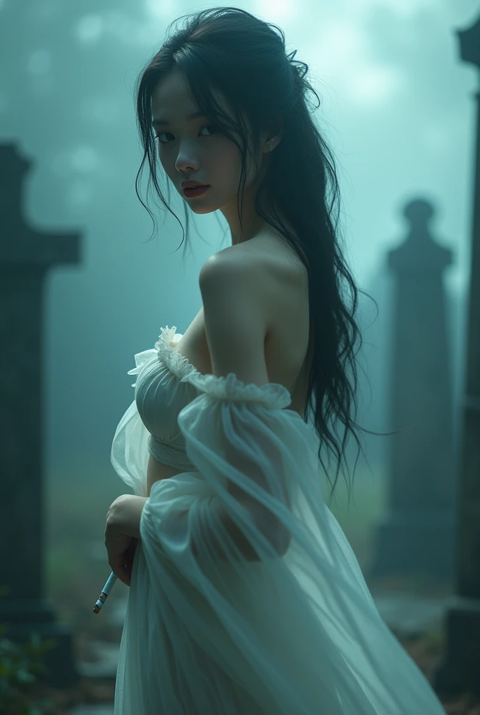 (Female ghost:1.7)、(((In the fog)))、((The body is blurred))、young woman、((Beauty))、Japanese、cute、1、((sexy))、Background Graveyard、(Beautiful back)、Look this way、(((sexyな衣装)))、soul、cigarette、(best quality,4K,8k,highres,masterpiece:1.2),ultra-detailed,(realistic,photorealistic,photo-realistic:1.37),HDR,uhd,studio lighting,ultra-fine painting,sharp focus,physically-based rendering,extreme detail description,professional,vivid colors,bokeh,cinematic lighting,dramatic shadow,