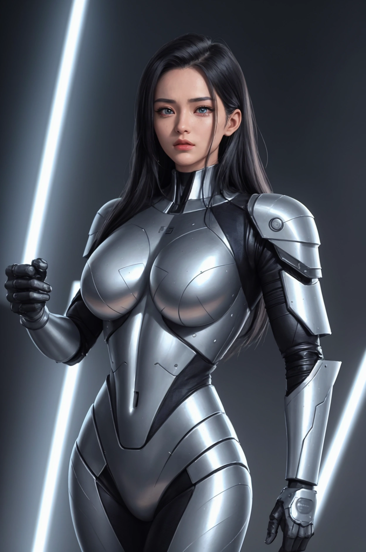 a female version of Goku wearing the clothes of the T-800 from Terminator, detailed face, beautiful detailed eyes, beautiful detailed lips, extremely detailed eyes and face, long eyelashes, muscular body, heroic pose, dynamic action, science fiction, t-800 terminator outfit, futuristic, cyberpunk, cinematic lighting, hyper realistic, 8k, best quality, ultra-detailed, photorealistic