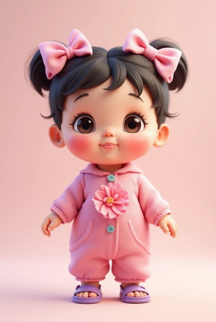 Create an image of a chubby , chubby cheeks with two bows on her head, This child is wearing a pink jumpsuit with a pink flower hanging in the middle. The child is white and wears purple sandals Show drafts



