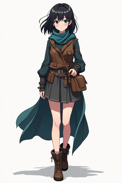 Anime girl 1 girl, black hair. blue eyes Freya wears an adventurer's outfit that mixes functionality with a touch of elegance. She wears a tight, dark brown leather blouse designed to protect her torso and provide freedom of movement. Over her blouse, she wears a reinforced leather vest, which has small metal plates embedded for greater protection on her chest and back. The lower part of the costume is a resistant, dark gray leather skirt that reaches her knees. and has a split design to allow for better mobility. The skirt is fitted with leather bands and has internal pockets for carrying small items.Freya's boots are made from robust leather, with non-slip soles and reinforcements around the ankles and heels, offering support and durability. Completing the look is a lightweight travel cover, which can be removed when needed, and a belt with multiple pouches to carry essential gear. Full body