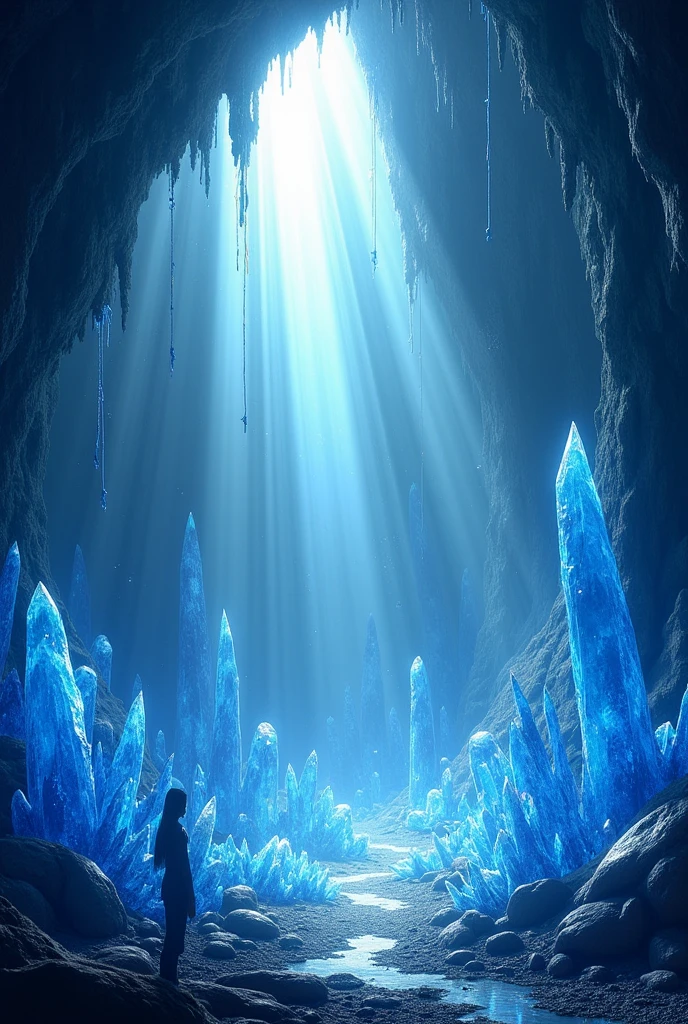 The sun&#39;s rays reflect off the blue crystals in the cave like sunbeams 