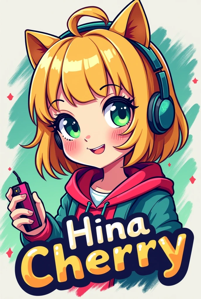 Hina Cherry Name Logo, themed around a nerdy age girl playing video games, that is a cool girl, that she is a blonde, greeneyes, rosy cheeks, that has freckles