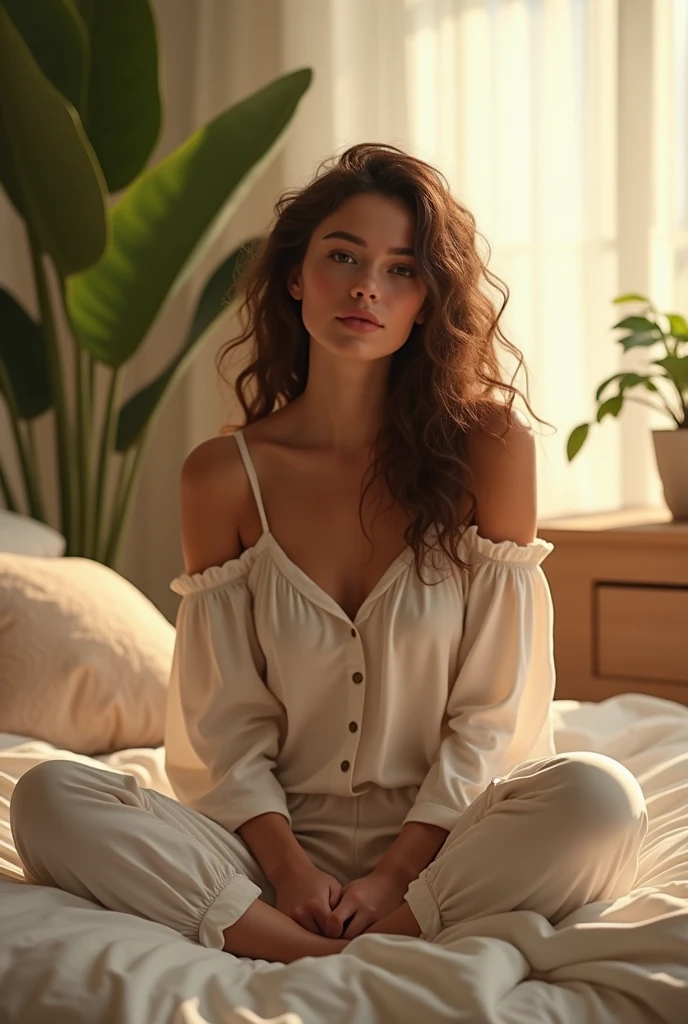 (photorealism:1.2), beautiful woman, sitting on bed, wearing loose off-shoulder top, pajama pants, long curly hair, indoors, soft lighting, plants in background, window with sunlight, cozy room, relaxed pose, realistic, intricate details, naked girl