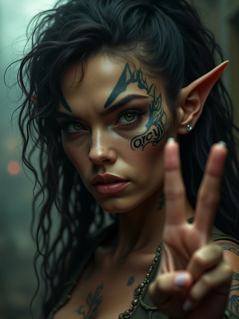 cinematic portrait of a beautiful orc girl, tattoo on her left cheek saying "orcy", holding up peace hand sign