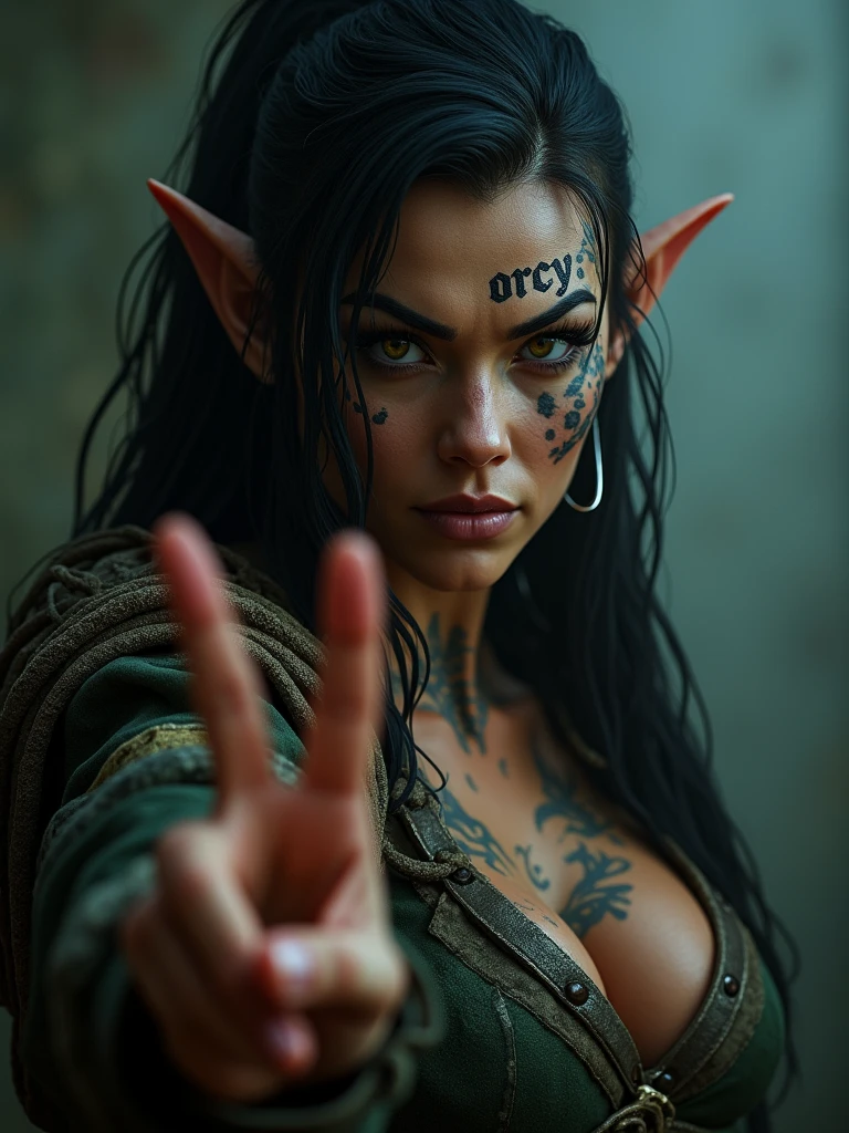 cinematic portrait of a beautiful orc girl, tattoo on her left cheek saying "orcy", holding up peace hand sign 