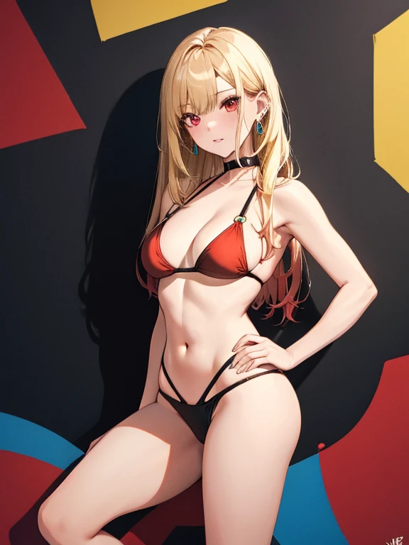 (Red bikini swimsuit), Kitagawa Marine, muscle, athlete, Flat Chest, One girl, Blonde Hair, Long Hair, Multicolored Hair, Red eyes, jewelry, Earrings, Earrings, Black choker, uhd, retina, masterpiece, ccurate, anatomically correct, textured skin, super detail, high details, high quality, best quality, highres, 4K