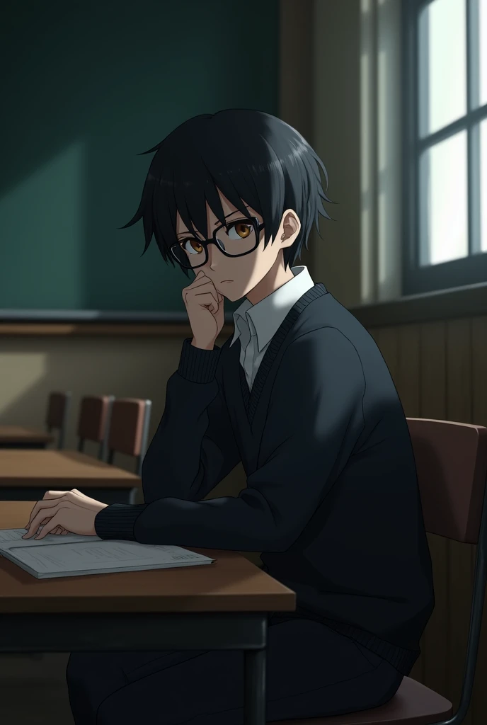 A boy,like white shirt,black sweater,Black pants,black hair,clear brown eyes,glasses,Cold look,sitting at a desk in the corner of a classroom,anime/manga