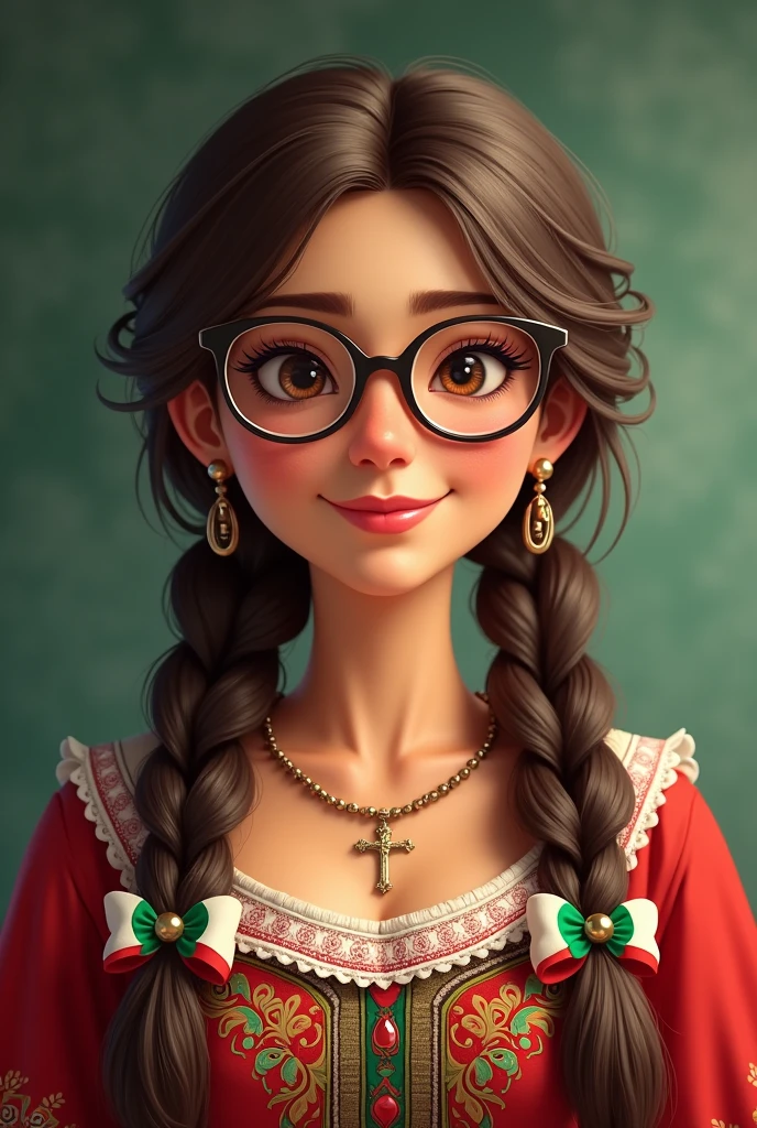 Female teacher with medium brown hair, with two braids and Mexican tricolor bows, Brown eyes, wear glasses, dressed in typical Mexican clothing with a cross necklace and she is fat.