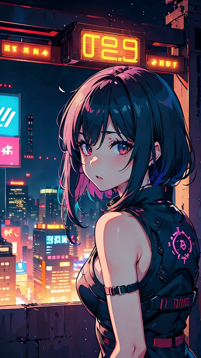 Rina Shinomiya、cyberpunk neon night city, smooth light, Belautiful, Depth of field, 8k, highy detailed, high qualiy, Mayor&#39;s body, muscular woman, highy detailed face, shredded abdomen, biker shorts, half-open jacket, black cowl, Glasses on the neck, high thigh, knee high boots, long sleeves,  , large red eyes, dynamic, short green hair, sexly,  breasts small, gesugao,  , eerie glowing red eyes,   burlas, leaning forward, view from the bottom, view from the bottom para cima, sweaty, sweating, sweat, humida, lingerie white, Bela, pale white skin, tatsumaki, (full body shot shot:1) view from the bottom, view from the bottom para cima, looking ahead at viewer, work of art, high detailed 8k, full body shot shot, Nicole Demara, Belautiful woman, Broad Hips, thick-thighs, thick calves, muscular female, Waist slender, Fine body, breasts small, , shredded abdomen, Fitness, muscular female