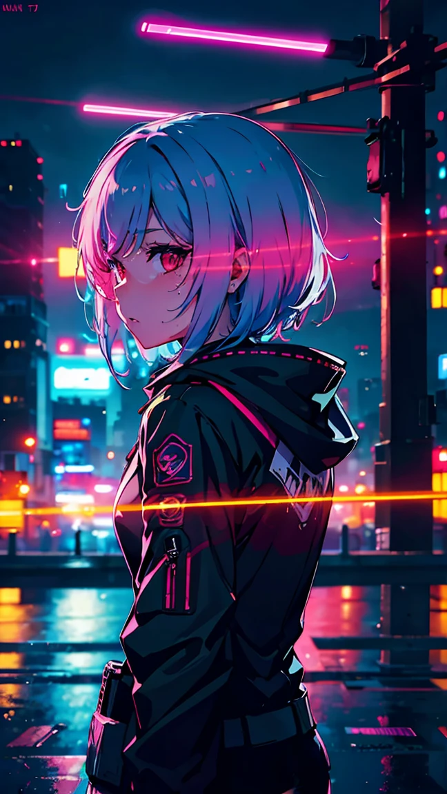 Rina Shinomiya、cyberpunk neon night city, smooth light, Belautiful, Depth of field, 8k, highy detailed, high qualiy, Mayor&#39;s body, muscular woman, highy detailed face, shredded abdomen, biker shorts, half-open jacket, black cowl, Glasses on the neck, high thigh, knee high boots, long sleeves,  , large red eyes, dynamic, short green hair, sexly,  breasts small, gesugao,  , eerie glowing red eyes,   burlas, leaning forward, view from the bottom, view from the bottom para cima, sweaty, sweating, sweat, humida, lingerie white, Bela, pale white skin, tatsumaki, (full body shot shot:1) view from the bottom, view from the bottom para cima, looking ahead at viewer, work of art, high detailed 8k, full body shot shot, Nicole Demara, Belautiful woman, Broad Hips, thick-thighs, thick calves, muscular female, Waist slender, Fine body, breasts small, , shredded abdomen, Fitness, muscular female