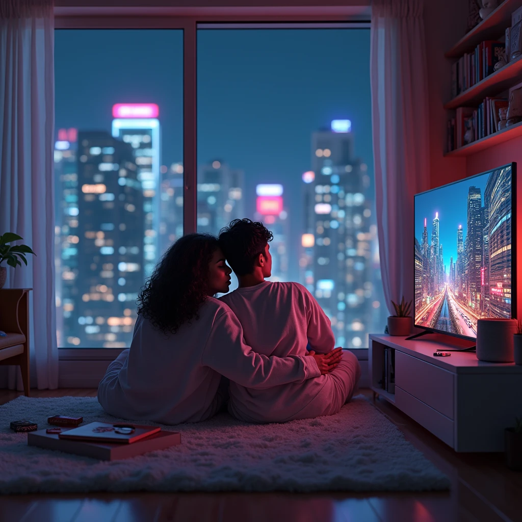 realistic photo of a (pretty girl, 20 years old, brunette, black eyes) with a handsome 30 years old shory haired man at her appartament sofa assisting TV, (full lips) , ((perfect face)), [[mild smile]], proportionate body,mixed white-latina herritage, nubyan nose, beautyfull, beautyfull face, tanned skin, two arms, two legs, five fingers by hand, full body, (softly curly black long hair), brunette curly girl and short haired man viewing a wide flat scren at her sofa, minimalistic cozy apartament into cristal building, neon night cyberpunk city behind cristal glass, photo taken from side, sleepwear, girl and man hugging, mezzy stuff at carpet, shelves with books and collectibles, huge tv screen, eyes stright to TV screen
