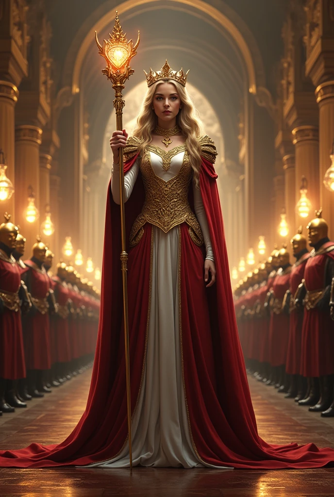 Female hand holds a scepter of command, made of gold and diamonds A great army, well formed and aligned A palace, full of luxurious rooms The feeling of Power 
