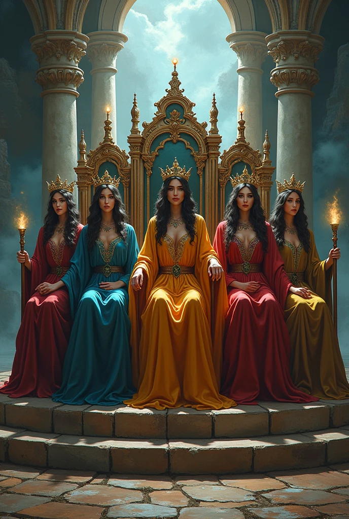 5 women dressed as witches, with a long tunic of different colors, the tunic covers their hair, with a setro in their hand, with their crown on their head, perched on a beautiful throne, behind her there is an open portal to another dimension .