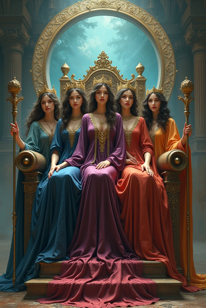 5 women dressed as witches, with a long tunic of different colors, the tunic covers their hair, with a setro in their hand, with their crown on their head, perched on a beautiful throne, behind her there is an open portal to another dimension .