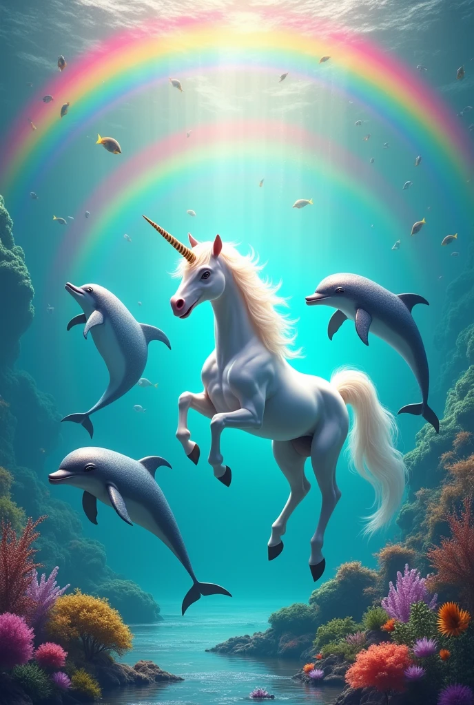 dolphins, a rainbow and a unicorn