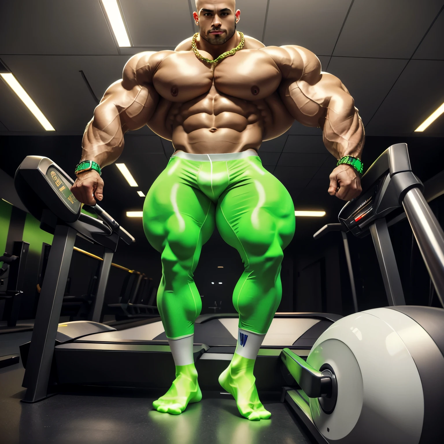 full view, full body, one Sexy young artificially tanned white bald over-musuclar man, shirtless wearing neon-green compression leggings and white Hi-tech socks with built-in LEDs, no shoes, wearing gold chains, bracelets, rings, pierced nipples with gold rings and chains, running in his white professional thin nylon electronic socks on treadmill in gym, showing off his white Hi-tech socks with built-in LEDs, highly detailed socks view