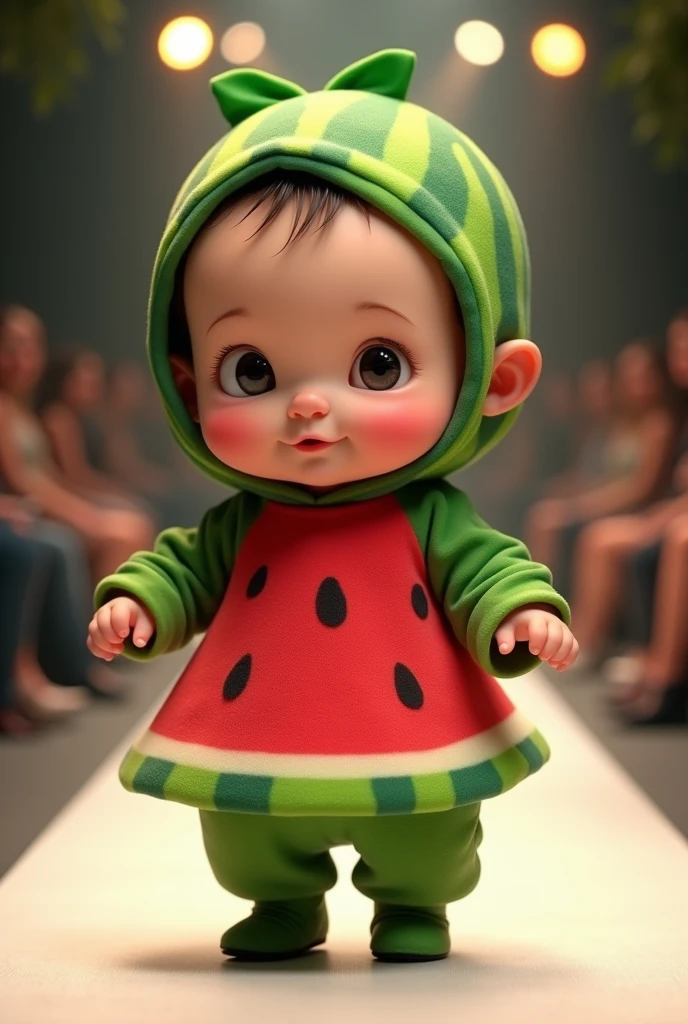Cute baby with very big head wearing Watermelon shape costume in fashion show real realistic style full body