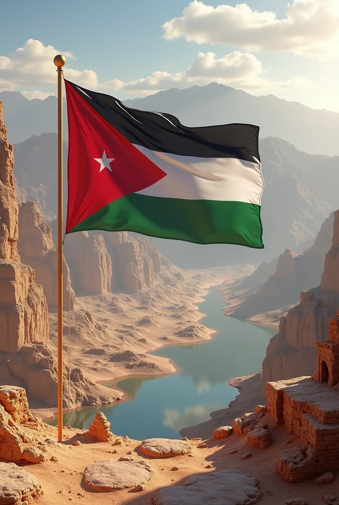 Real picture of the Hashemite Kingdom of Jordan and its flag, real 3D image