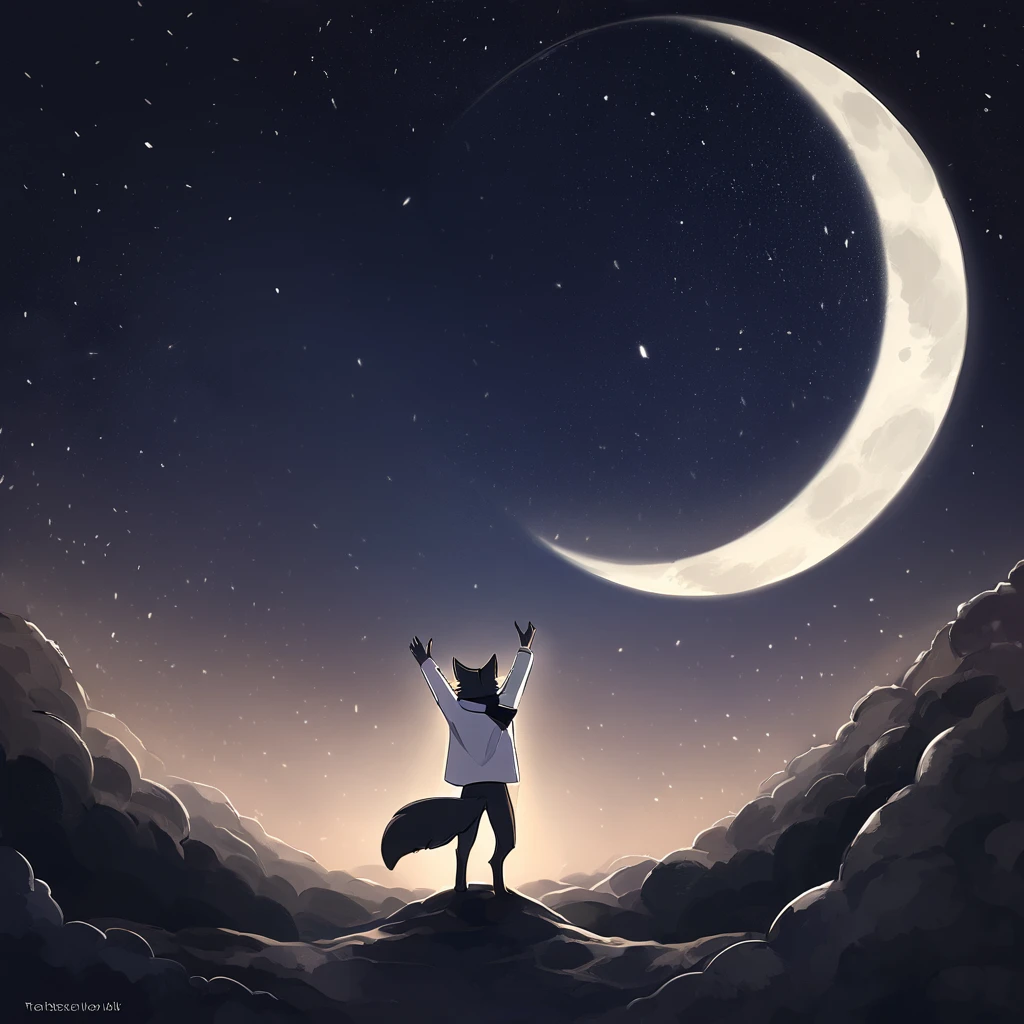 Wolf, thin_anthro, full_body, standing_straight, black_body, black_fur, looking_away_from_viewer, back_to_viewer, distant_view, white_jacket, black_scarf, looking_up, reaching_up, night_sky, starry_sky, looking_at_moon, moon