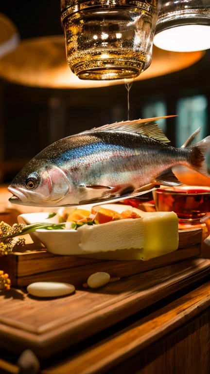 Fantasy,8k,Very detailed, masterpiece,High resolution,Highest quality,Increase the resolution,Cinema Lighting,Vessels made from animal bones,sashimi,Japanese sake