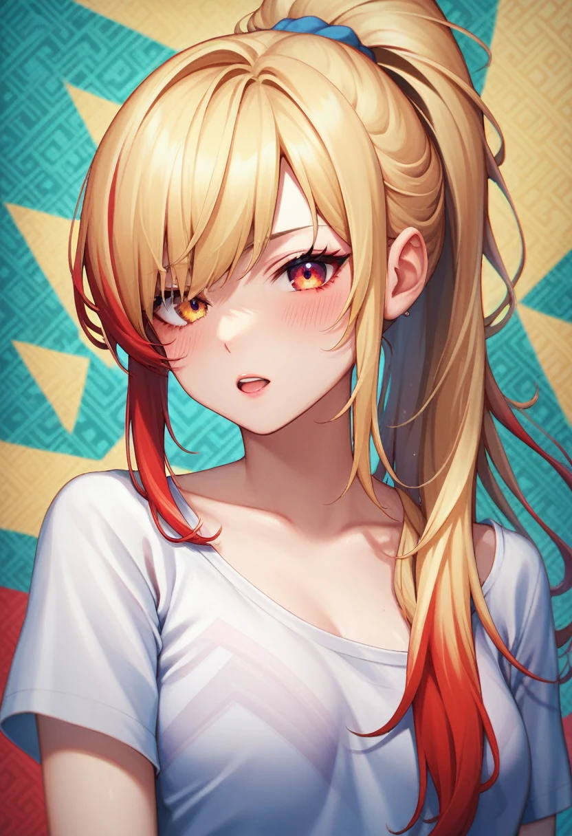 8k, Anime Style, masterpiece, ((Highly detailed background, Delicate pattern, Intricate details)), Highest quality, Intricate details, chromatic aberration, One woman, Grown-up, Long Hair, Blonde, ponytail, Red highlights, Hair on one eye, Sharp eyes, Squint your eyes, Blushing, A pleasant expression, A wistful look, A slightly distressed look, I&#39;m coming, Climax, steam, Sweat, choker, Brick wall, night, Dim lighting, alley, Oversized shirt,Off the shoulder, Sheer white shirt, Nipples are not visible, mini skirt, Erotic panties, black and red lace panties, I can see her panties, Panty shot, masterpiece, Highest quality, Vulgarity, Erotically, Squatting and spreading your legs, Spread your legs, Masturbation,  Fingers in panties, Black lace bra