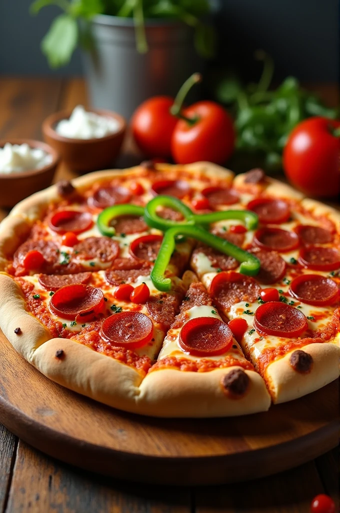a large pepperoni pizza, quite a bit of bacon, chili sauce and green pepper 