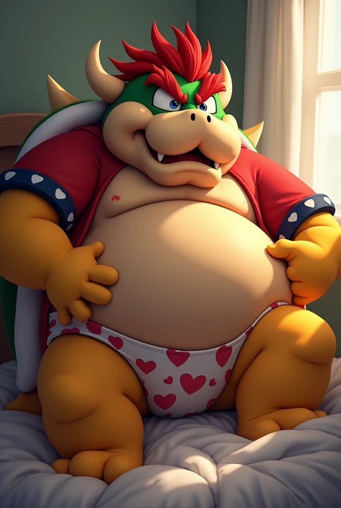 Bowser from Super Mario, Extremely obese, chubby, embarrassed, huge round belly, big moobs, heart underpants, red tight short sleeves t-shirt, laying on a bed, one hand on the belly