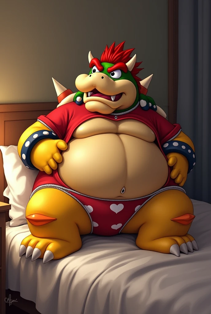 Bowser from Super Mario, Extremely obese, chubby, embarrassed, huge round belly, big moobs, heart underpants, red tight short sleeves t-shirt, laying on a bed, one hand on the belly