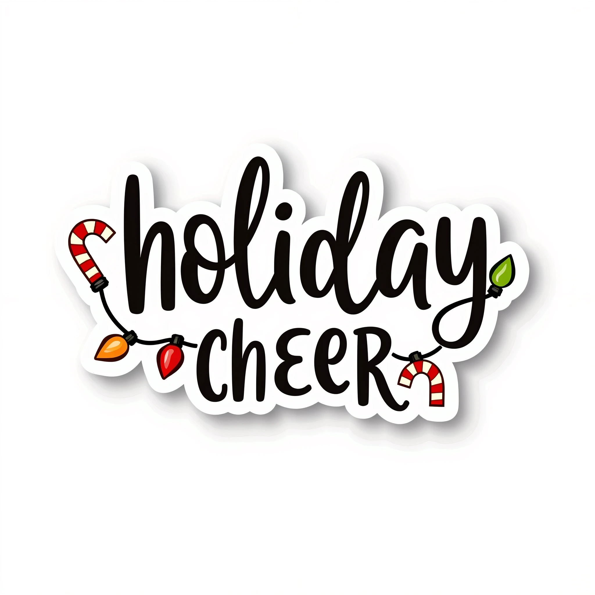 Sticker with the text "Holiday Cheer" in a playful style with a full white border around the text. Add festive elements like candy canes and Christmas lights in bright colors