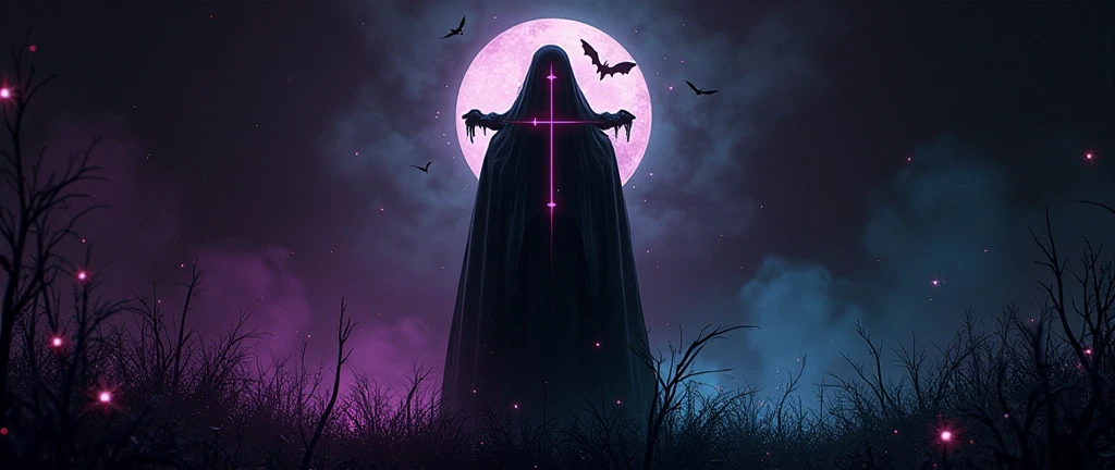 Create a gothic banner that integrates the word &#39;?????&#39;.
Que contenha cores como blackw roxo escuro neon e branco e cinza. Color that must have: blackw! Symbols: Gothic, cross or stars. that includes the phrase &#39;discord.gg/?????' o banner meio minimalista